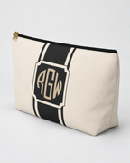 Personalized Signature Stripe Accessory Pouch | Custom Three-Initial Monogram Makeup & Travel Bag, Ivory & Charcoal