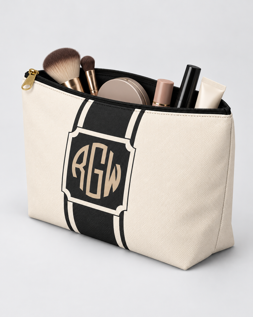 Personalized Signature Stripe Accessory Pouch | Custom Three-Initial Monogram Makeup & Travel Bag, Ivory & Charcoal
