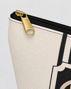 Personalized Signature Stripe Accessory Pouch | Custom Three-Initial Monogram Makeup & Travel Bag, Ivory & Charcoal
