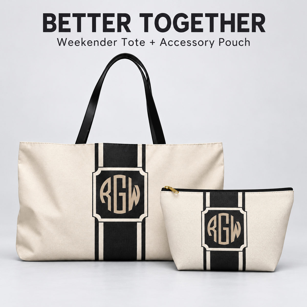 Personalized Signature Stripe Weekender Tote | Custom Three-Initial Monogram Bag, Ivory & Charcoal