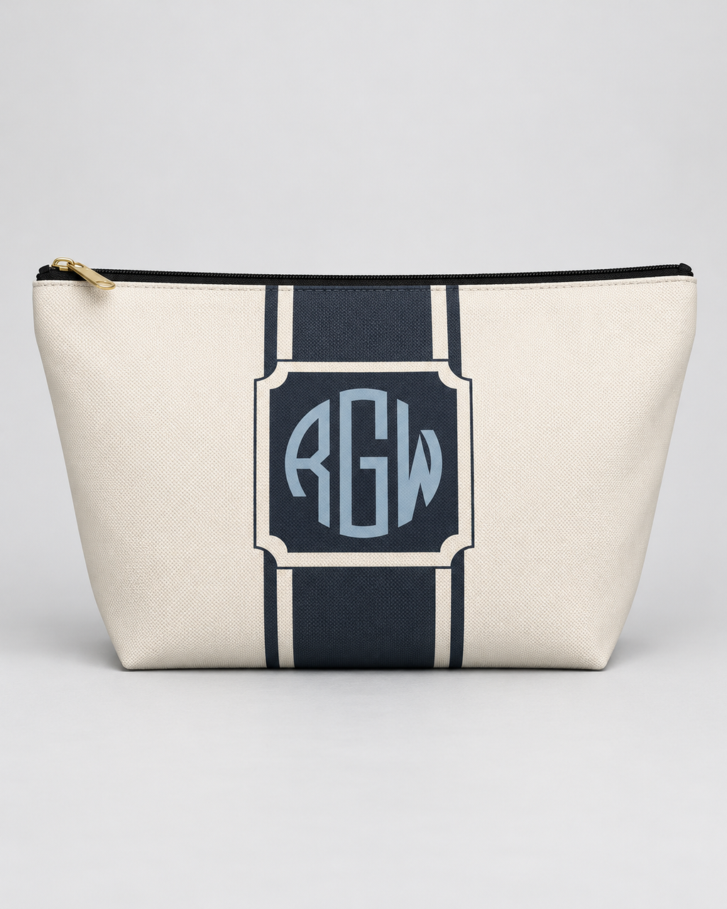 Personalized Signature Stripe Accessory Pouch | Custom Three-Initial Monogram Makeup & Travel Bag, Ivory & Navy
