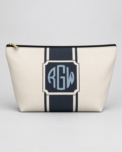 Personalized Signature Stripe Accessory Pouch | Custom Three-Initial Monogram Makeup & Travel Bag, Ivory & Navy