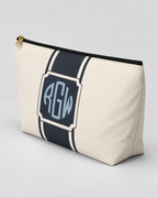 Personalized Signature Stripe Accessory Pouch | Custom Three-Initial Monogram Makeup & Travel Bag, Ivory & Navy