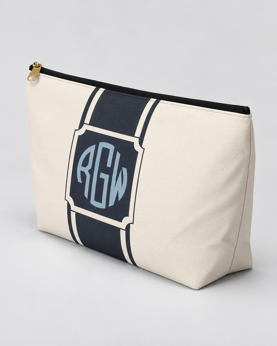 Personalized Signature Stripe Accessory Pouch | Custom Three-Initial Monogram Makeup & Travel Bag, Ivory & Navy