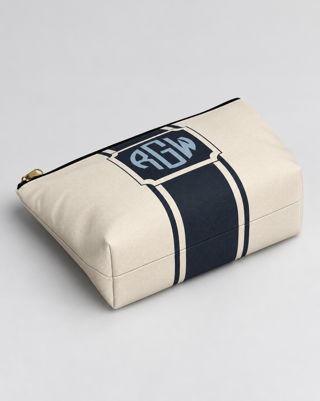 Personalized Signature Stripe Accessory Pouch | Custom Three-Initial Monogram Makeup & Travel Bag, Ivory & Navy