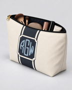 Personalized Signature Stripe Accessory Pouch | Custom Three-Initial Monogram Makeup & Travel Bag, Ivory & Navy