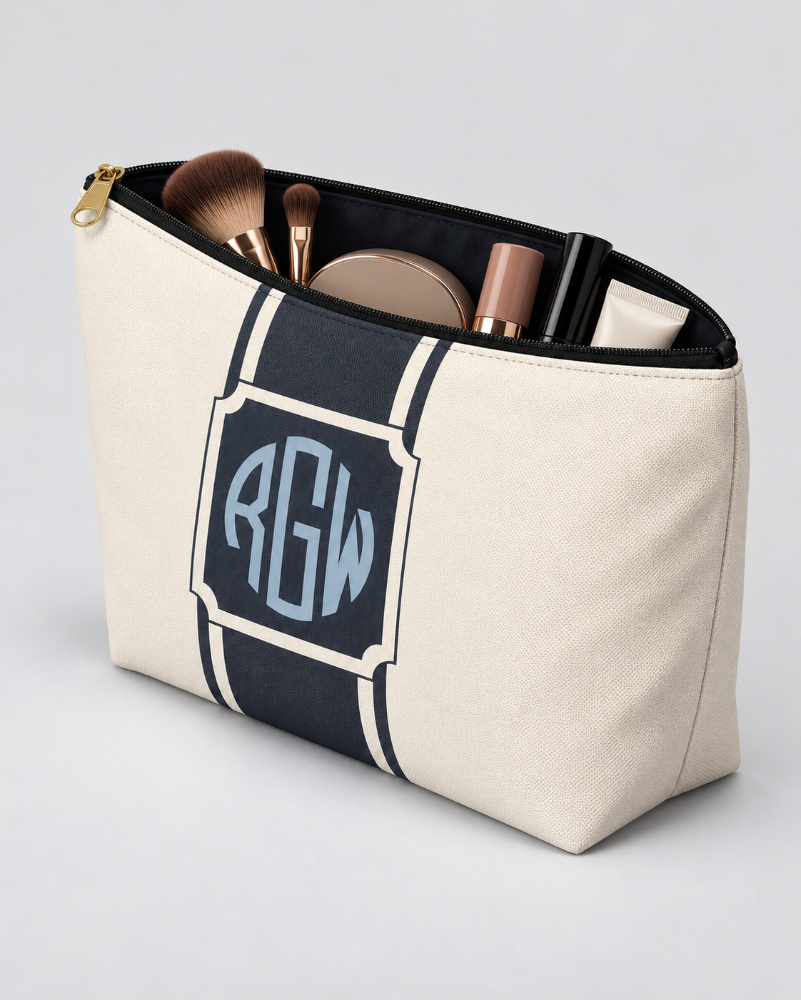 Personalized Signature Stripe Accessory Pouch | Custom Three-Initial Monogram Makeup & Travel Bag, Ivory & Navy