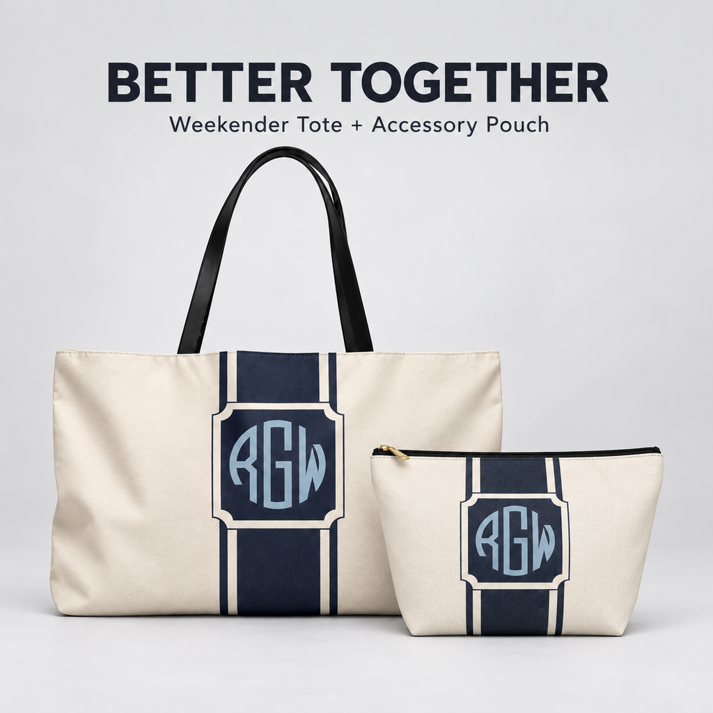 Personalized Signature Stripe Weekender Tote | Custom Three-Initial Monogram Bag, Ivory & Navy