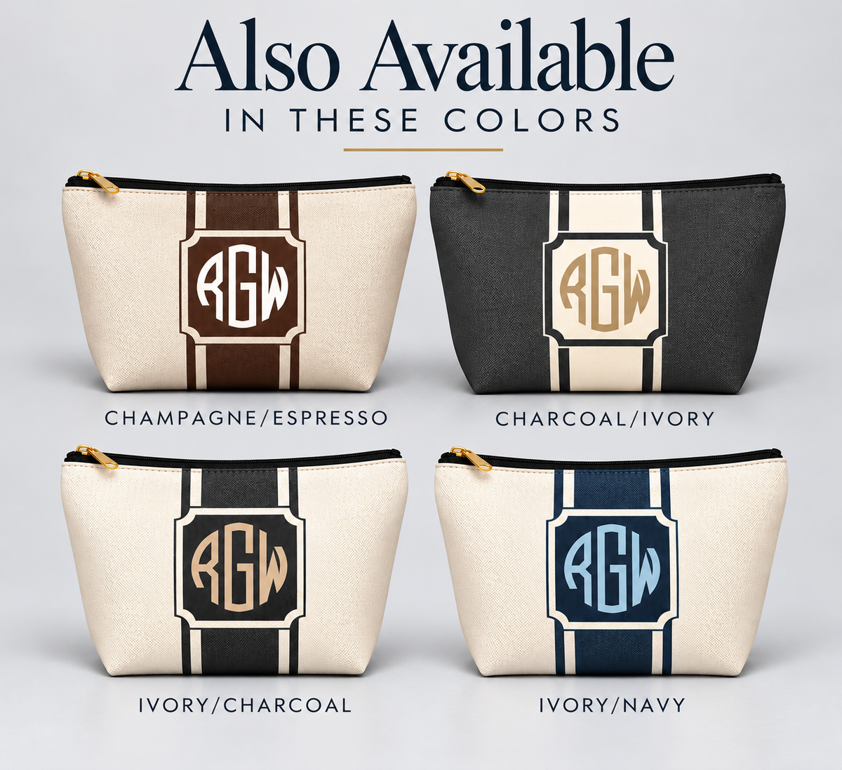 Personalized Signature Stripe Accessory Pouch | Custom Three-Initial Monogram Makeup & Travel Bag, Charcoal & Ivory