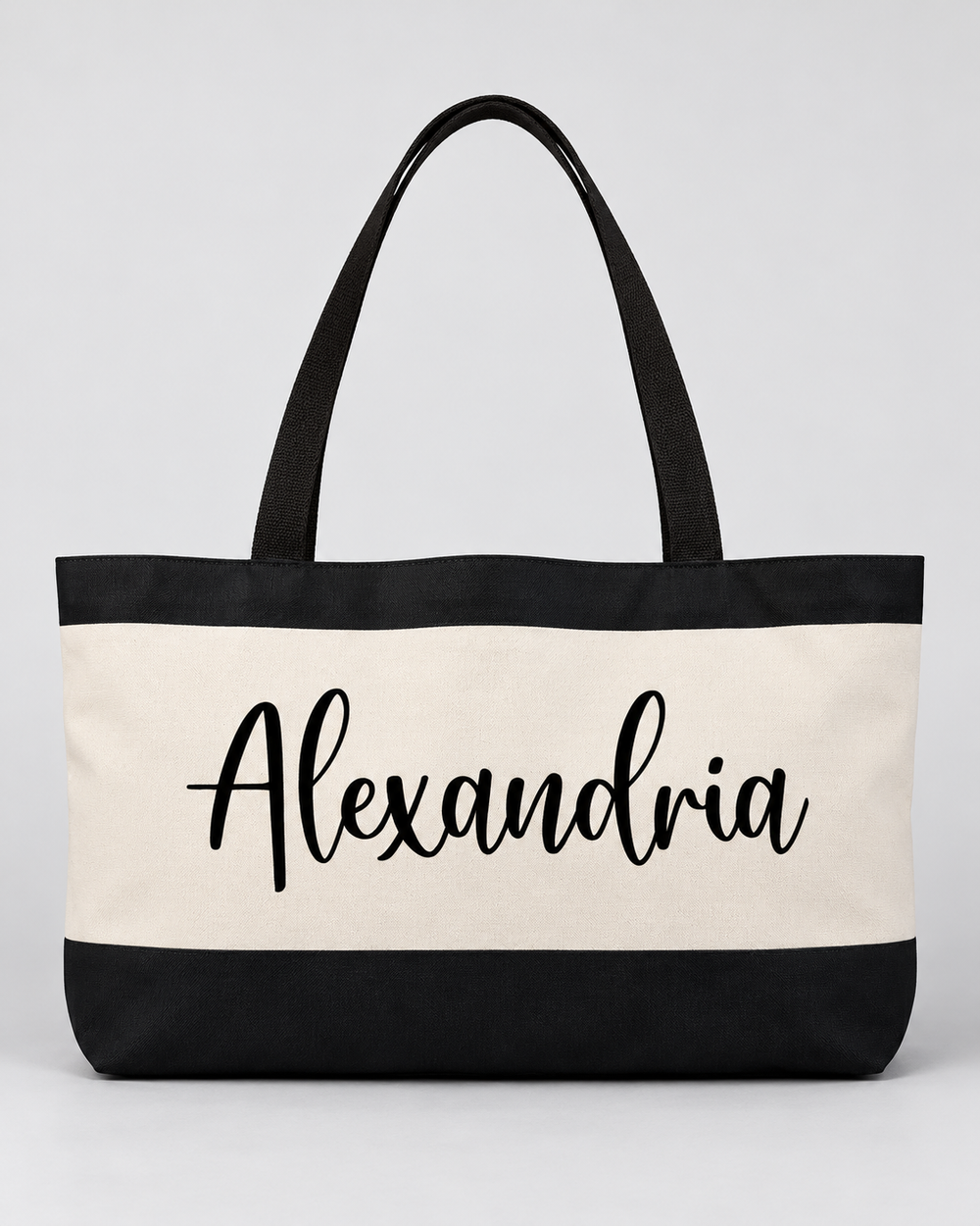 Personalized Colorblock Weekender Tote | Custom Script Name Travel Bag, Black & Ivory