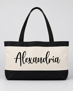 Personalized Colorblock Weekender Tote | Custom Script Name Travel Bag, Black & Ivory