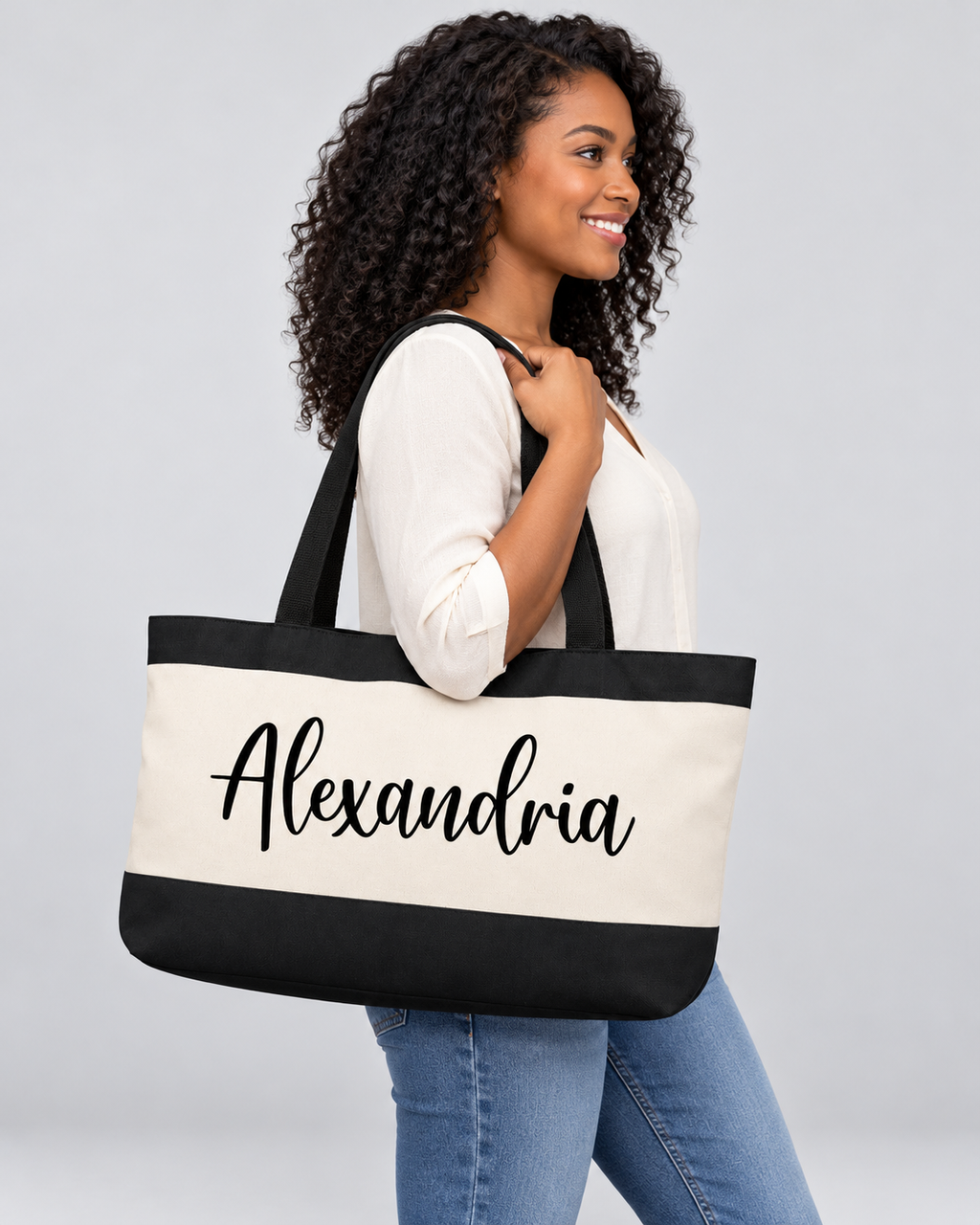 Personalized Colorblock Weekender Tote | Custom Script Name Travel Bag, Black & Ivory