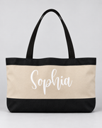Personalized Colorblock Weekender Tote | Custom Script Name Travel Bag, Black & Natural