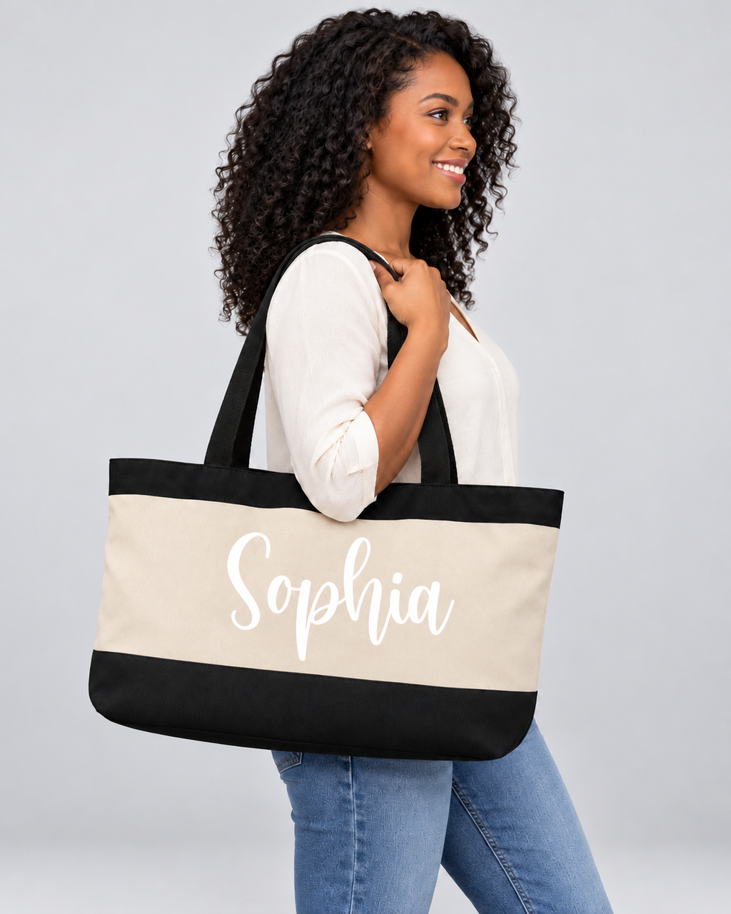 Personalized Colorblock Weekender Tote | Custom Script Name Travel Bag, Black & Natural
