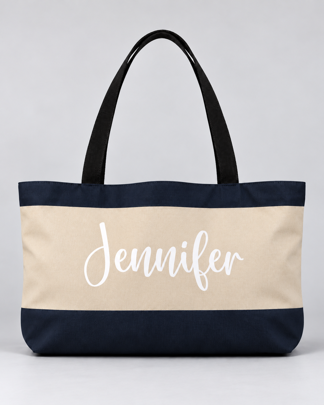 Personalized Colorblock Weekender Tote | Custom Script Name Travel Bag, Navy & Natural