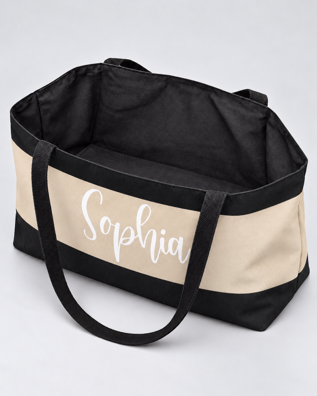 Personalized Colorblock Weekender Tote | Custom Script Name Travel Bag, Black & Natural