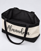 Personalized Colorblock Weekender Tote | Custom Script Name Travel Bag, Black & Ivory