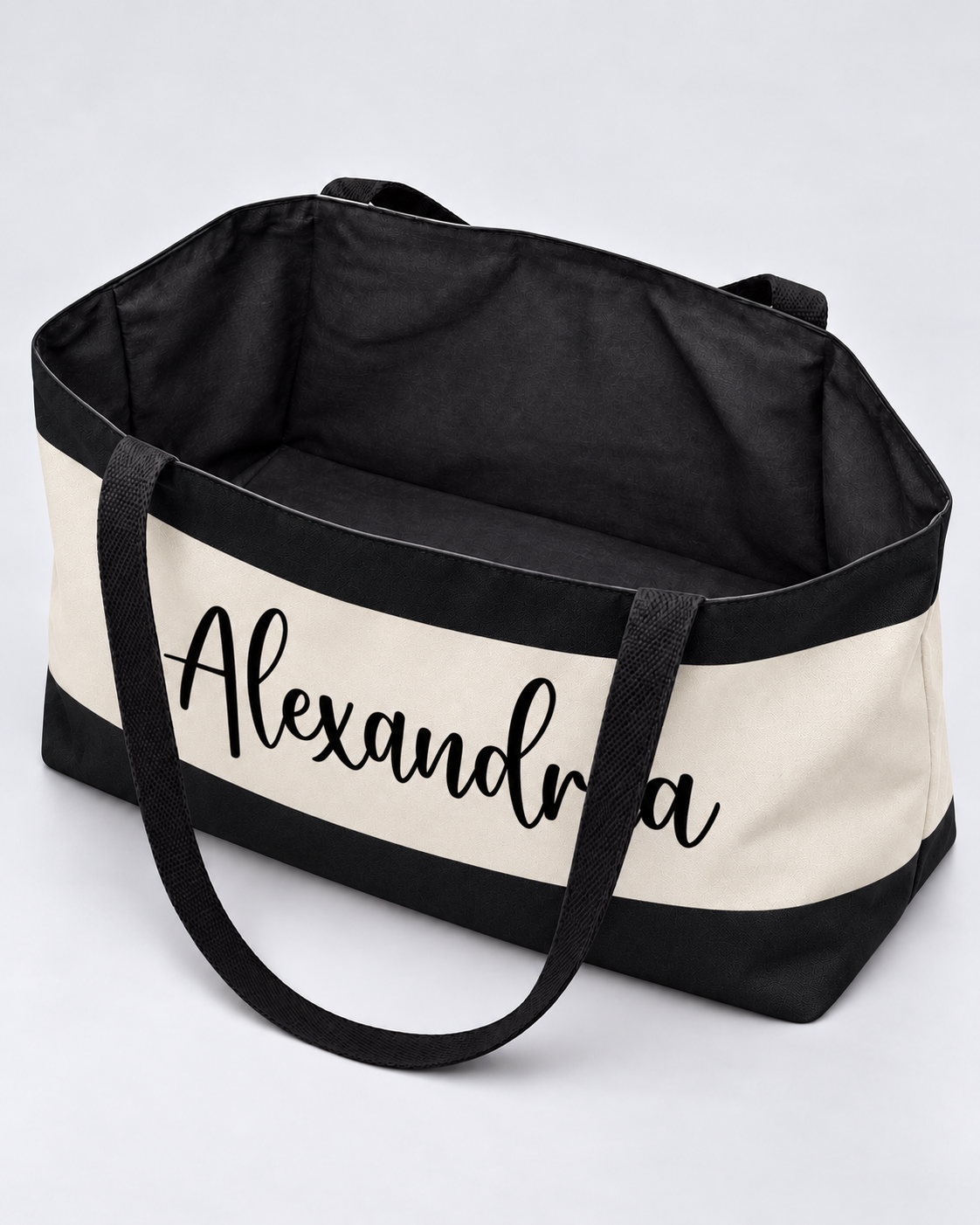 Personalized Colorblock Weekender Tote | Custom Script Name Travel Bag, Black & Ivory