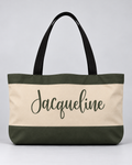 Personalized Colorblock Weekender Tote | Custom Script Name Travel Bag, Olive Green & Natural Sand