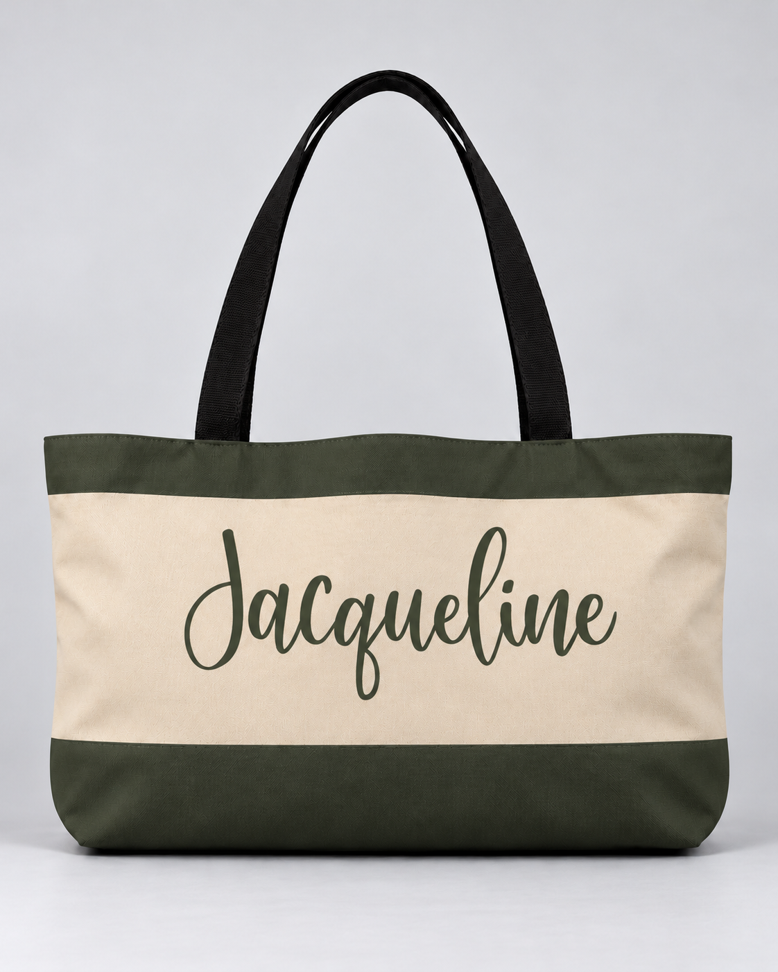 Personalized Colorblock Weekender Tote | Custom Script Name Travel Bag, Olive Green & Natural Sand
