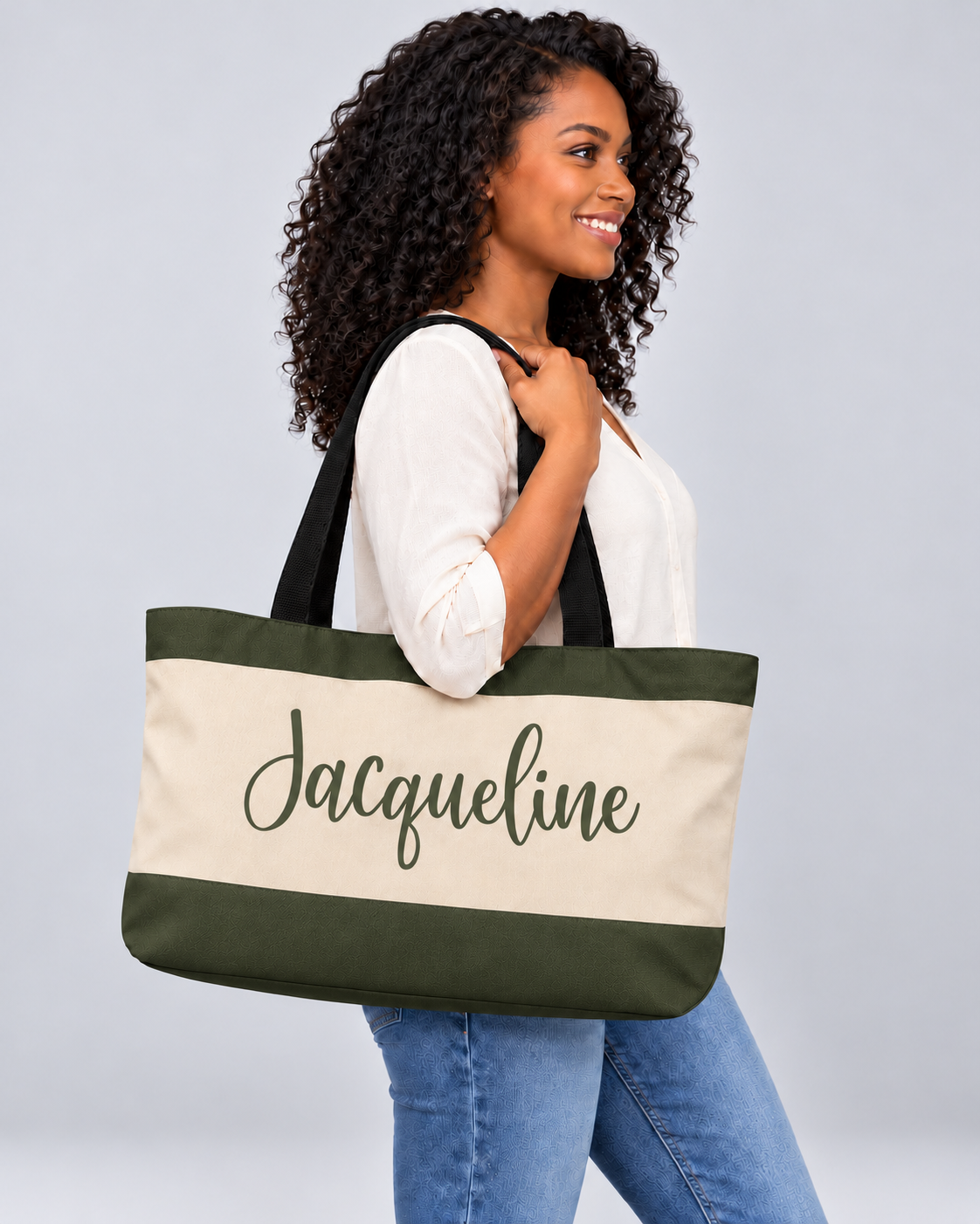 Personalized Colorblock Weekender Tote | Custom Script Name Travel Bag, Olive Green & Natural Sand