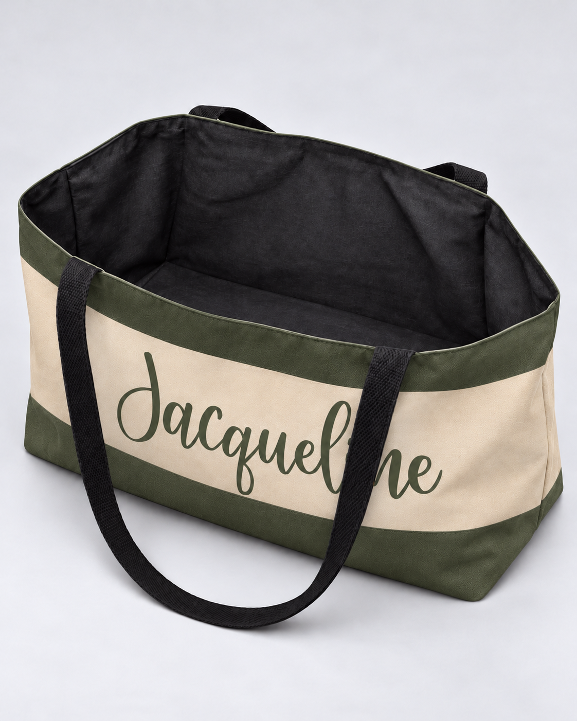 Personalized Colorblock Weekender Tote | Custom Script Name Travel Bag, Olive Green & Natural Sand