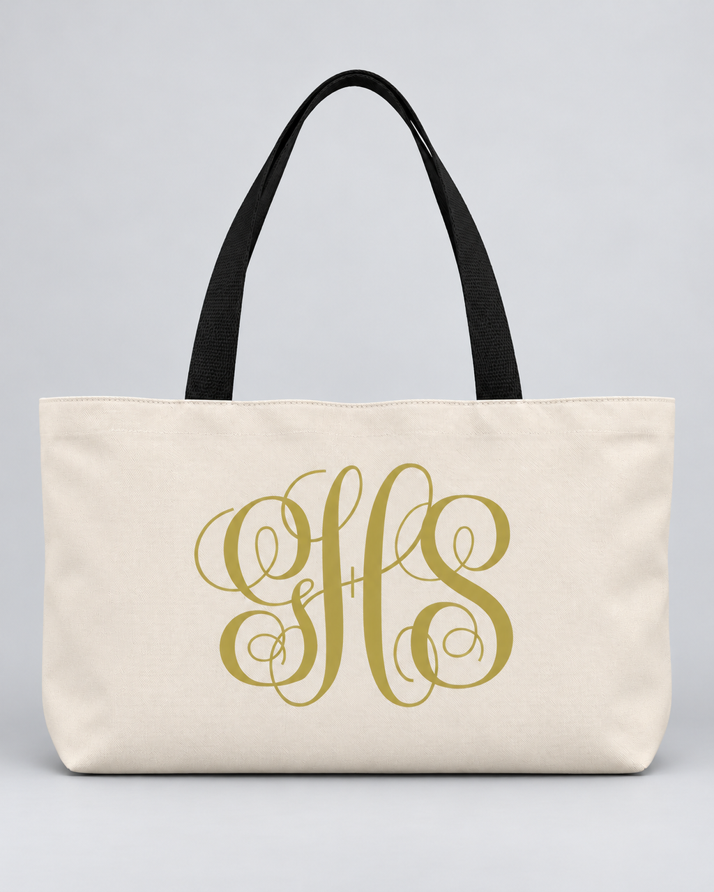 Personalized Elegant Script Monogram Weekender Tote | Custom Three-Initial Travel Bag, Natural & Gold