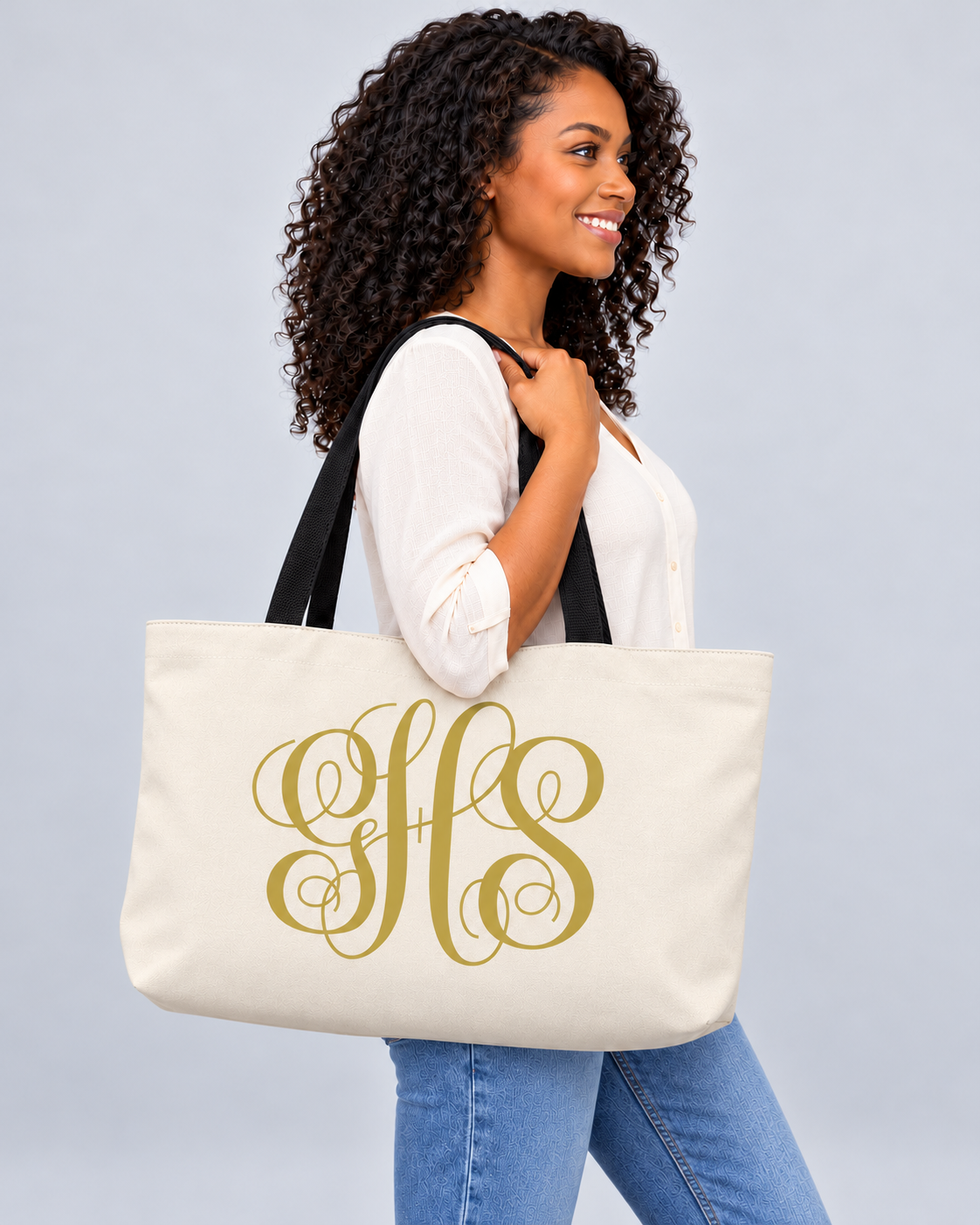 Personalized Elegant Script Monogram Weekender Tote | Custom Three-Initial Travel Bag, Natural & Gold