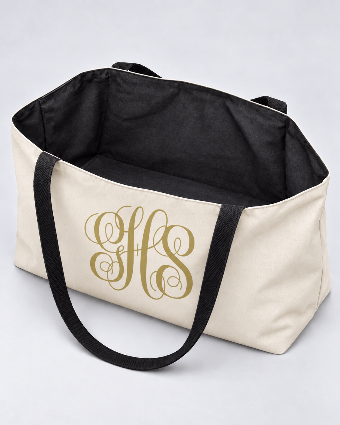 Personalized Elegant Script Monogram Weekender Tote | Custom Three-Initial Travel Bag, Natural & Gold