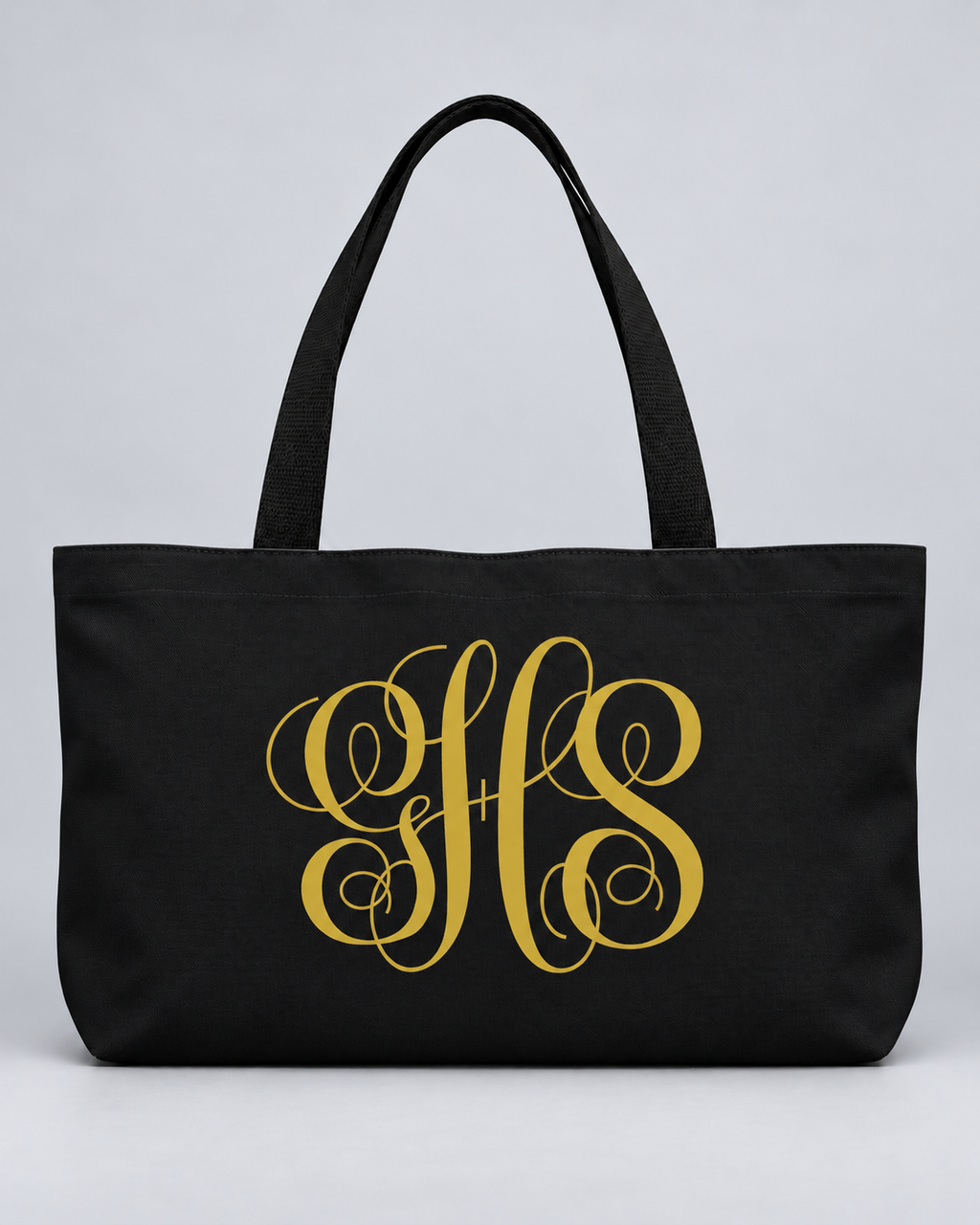 Personalized Elegant Script Monogram Weekender Tote | Custom Three-Initial Travel Bag, Black & Gold