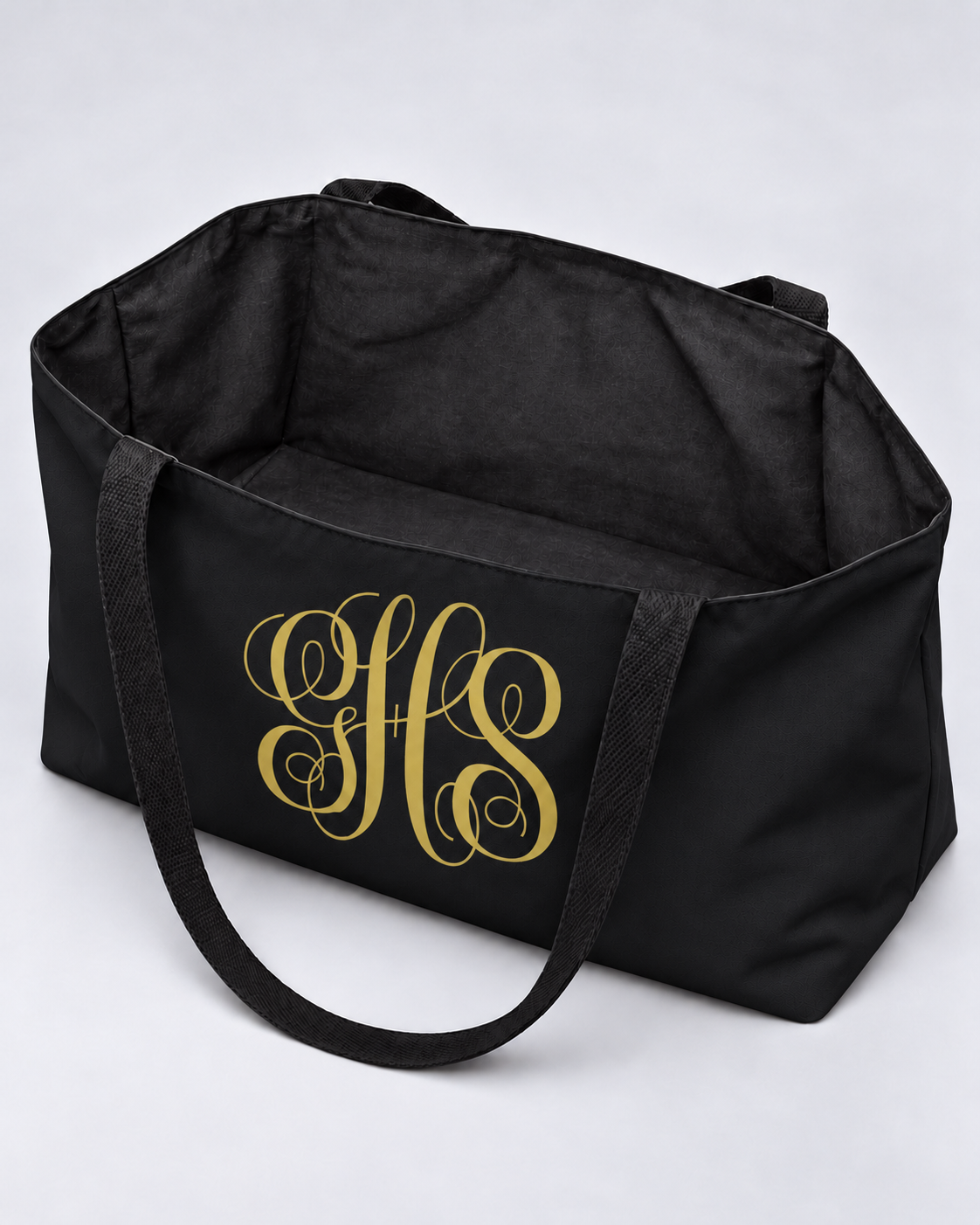 Personalized Elegant Script Monogram Weekender Tote | Custom Three-Initial Travel Bag, Black & Gold