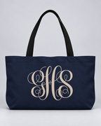 Personalized Elegant Script Monogram Weekender Tote | Custom Three-Initial Travel Bag, Navy
