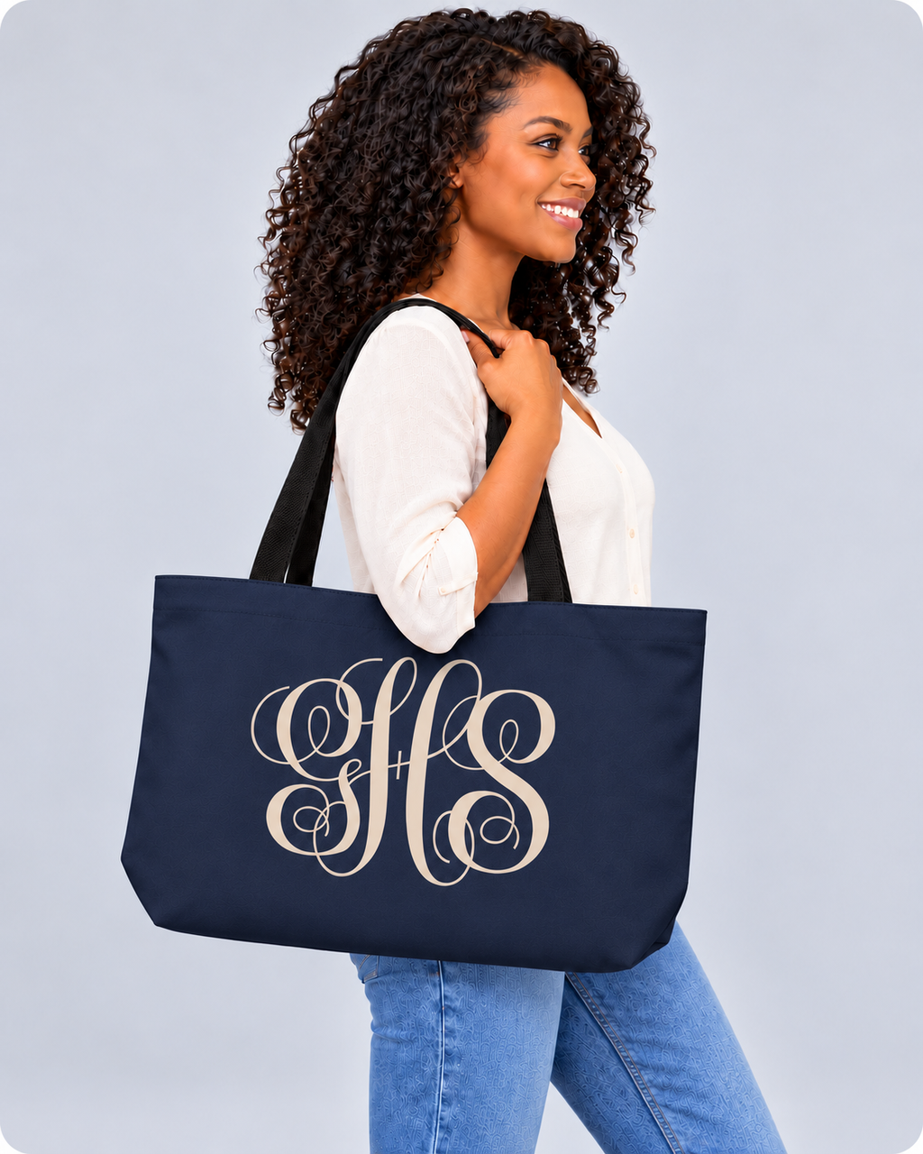 Personalized Elegant Script Monogram Weekender Tote | Custom Three-Initial Travel Bag, Navy