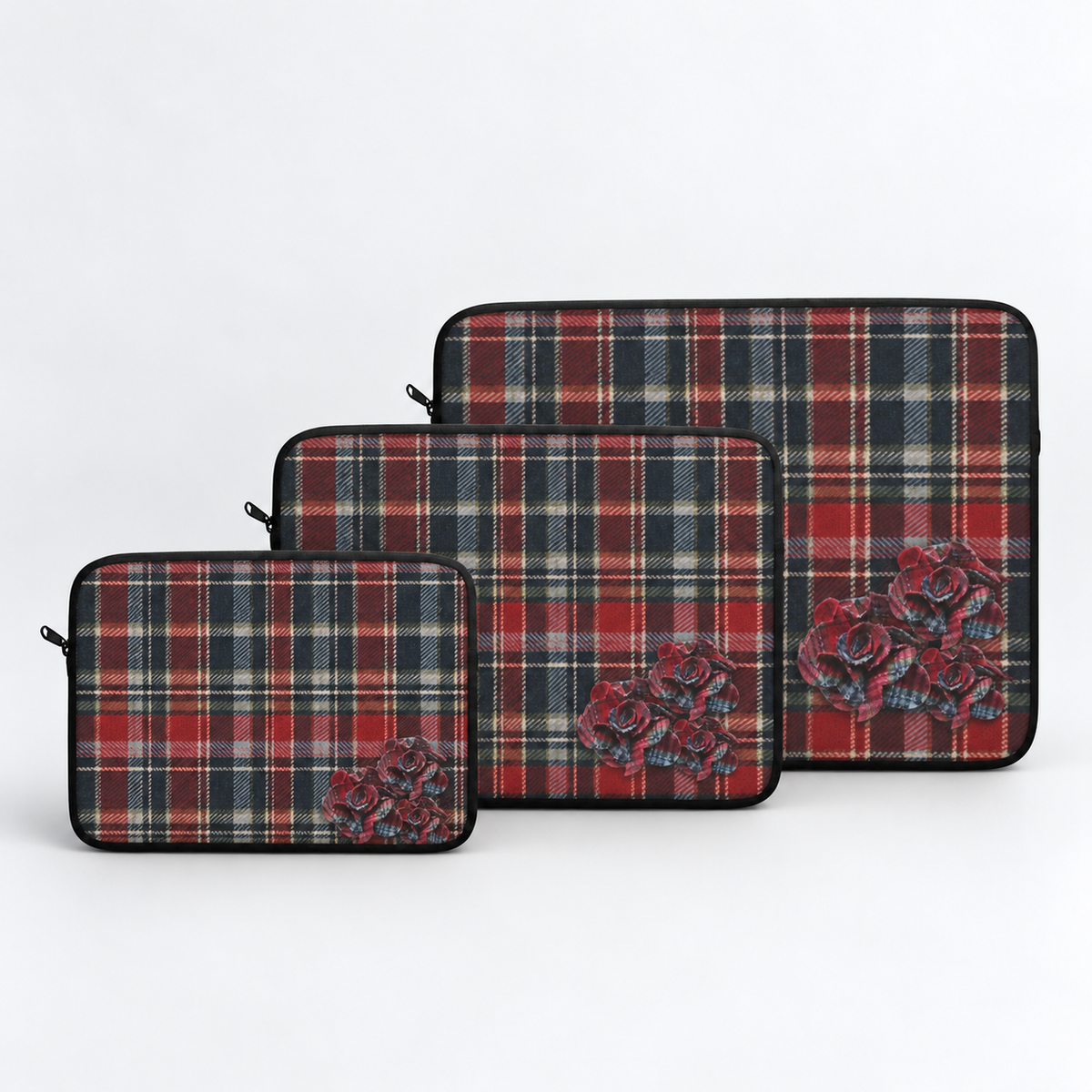 Rogue Rosette Plaid Padded Laptop Sleeve | Red & Navy Floral Computer Case