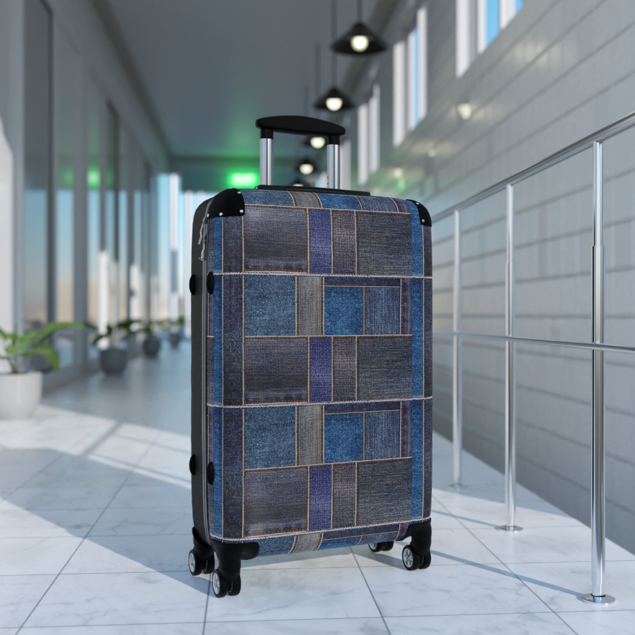 Patchwork Denim Print Hard-Shell Luggage