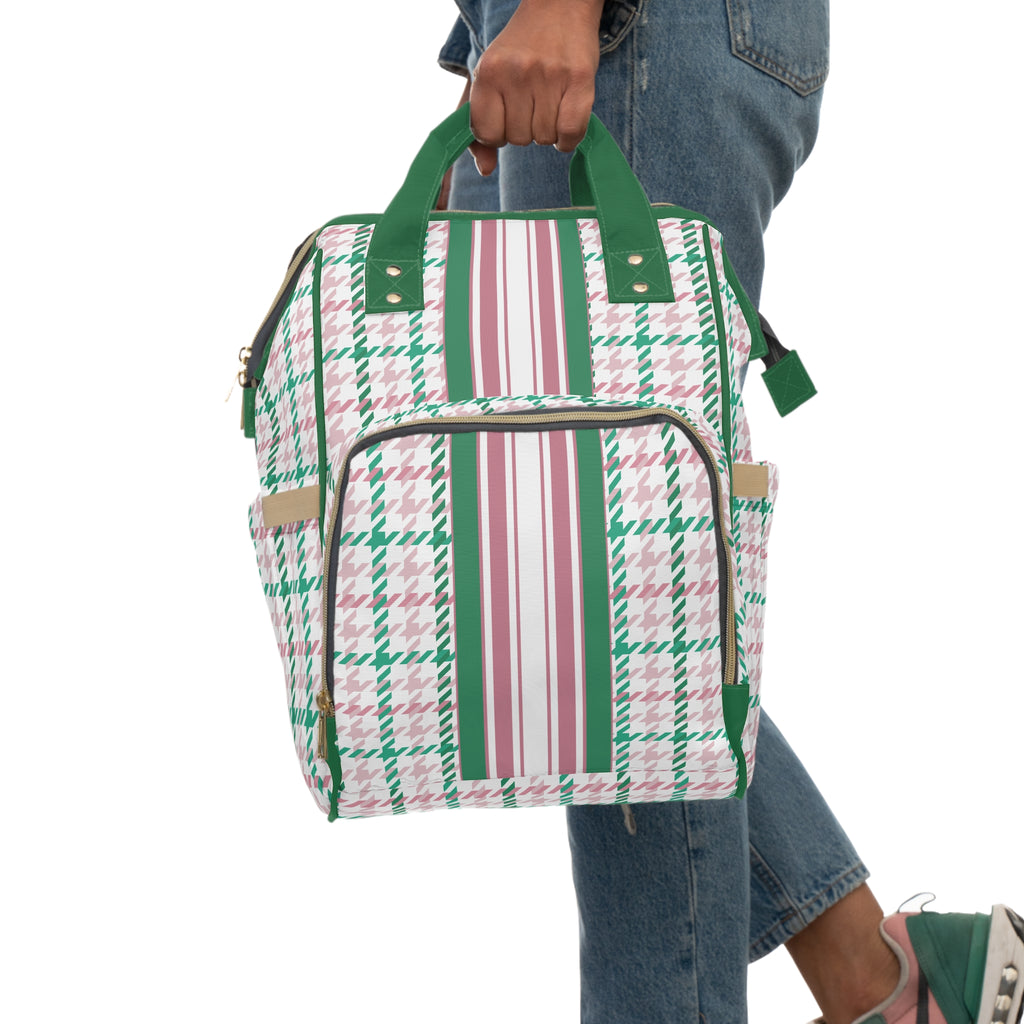 Houndstooth & Stripes Commuter Backpack, Pink & Green