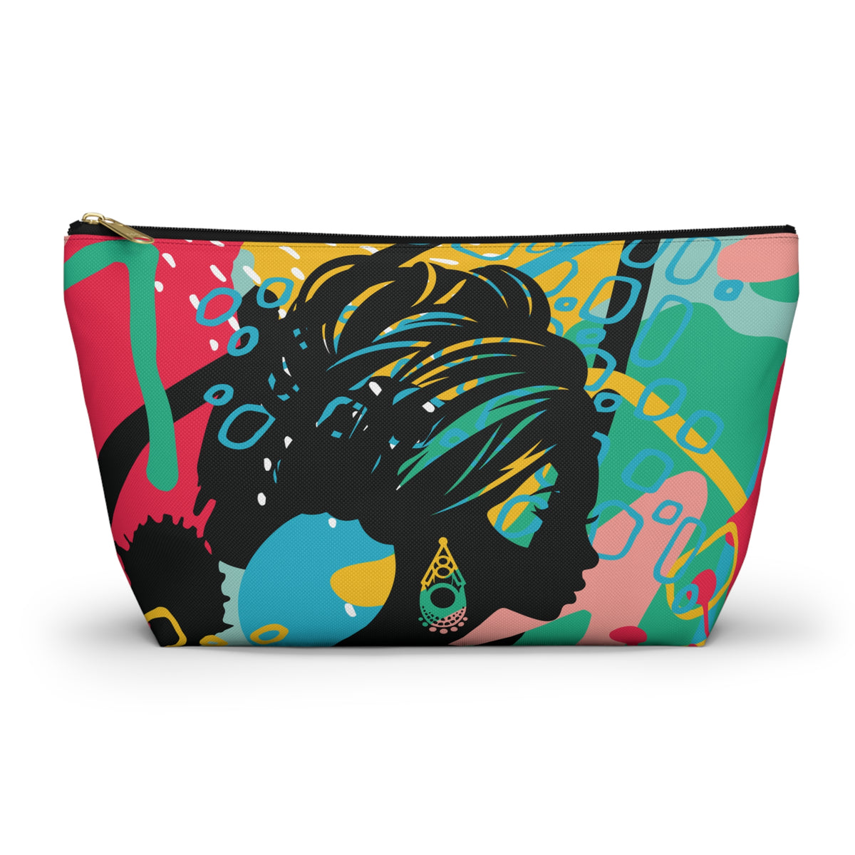Colorful makeup bag with a stylized face silhouette design 