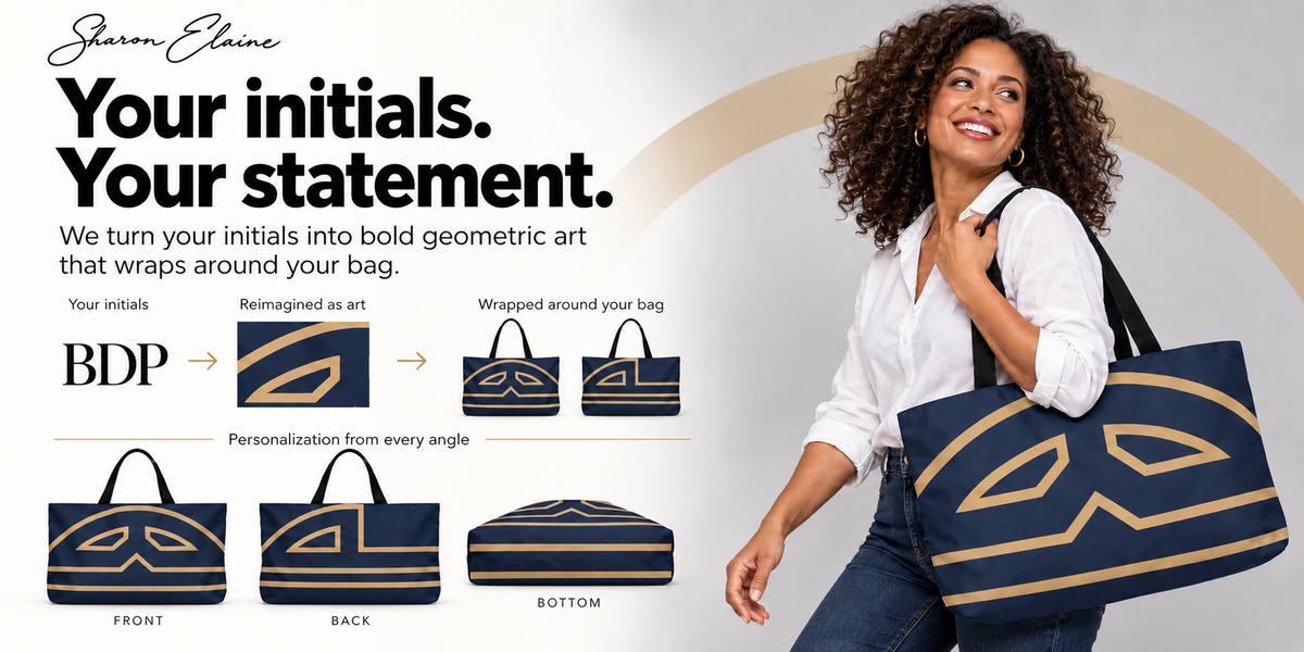 Sharon Elaine: Your initials. Your statement. BDP initials become geometric artwork wrapping across the front, back and bottom of a navy and gold weekender tote, shown with a model.